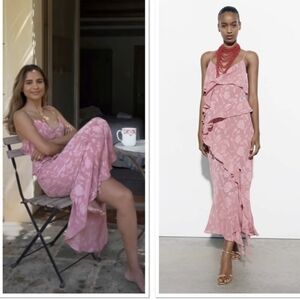 Nwt ZARA RUFFLED JACQUARD DRESS MARSALA Pink Dusty